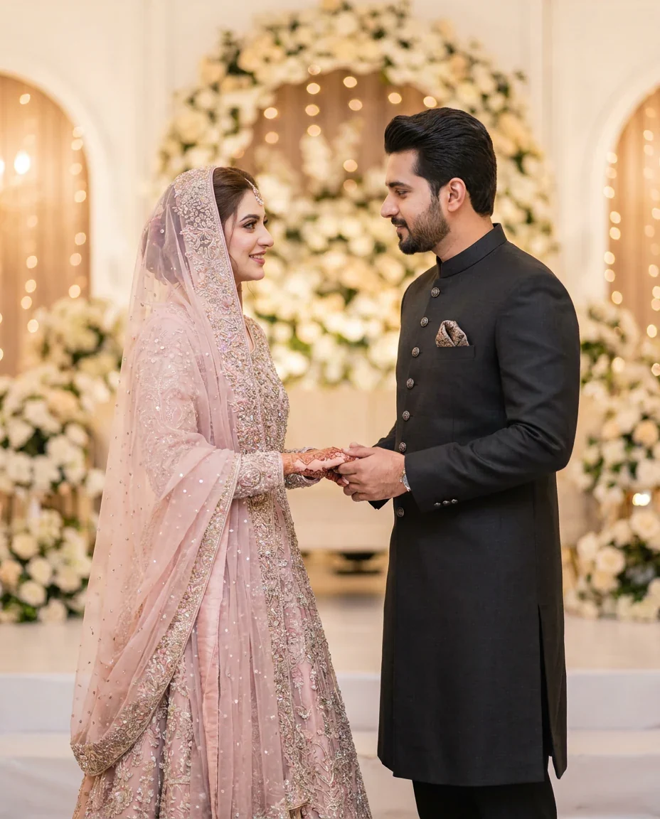 Muslim bride and groom holding hands at their nikah