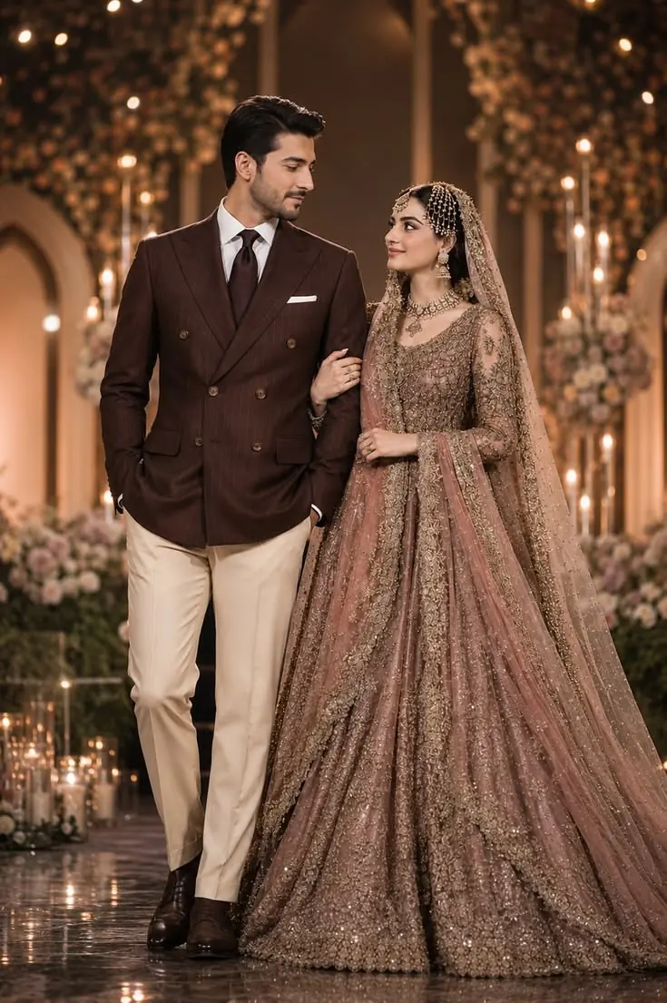 Muslim couple walking together at their walima