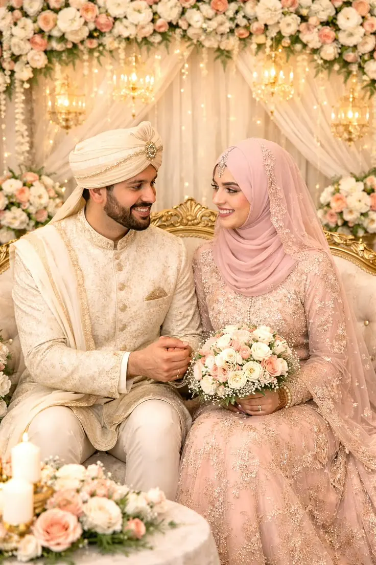 Muslim bride in pink hijab and groom in cream sherwani at their nikah