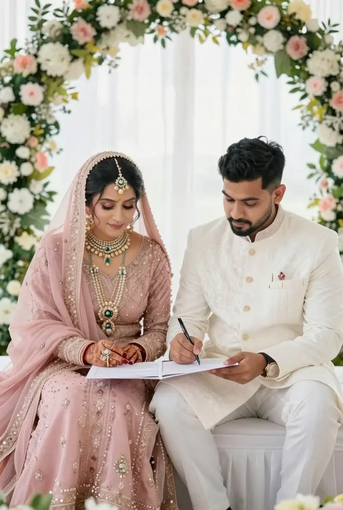 Bride and groom signing the nikahnama at their nikah ceremony