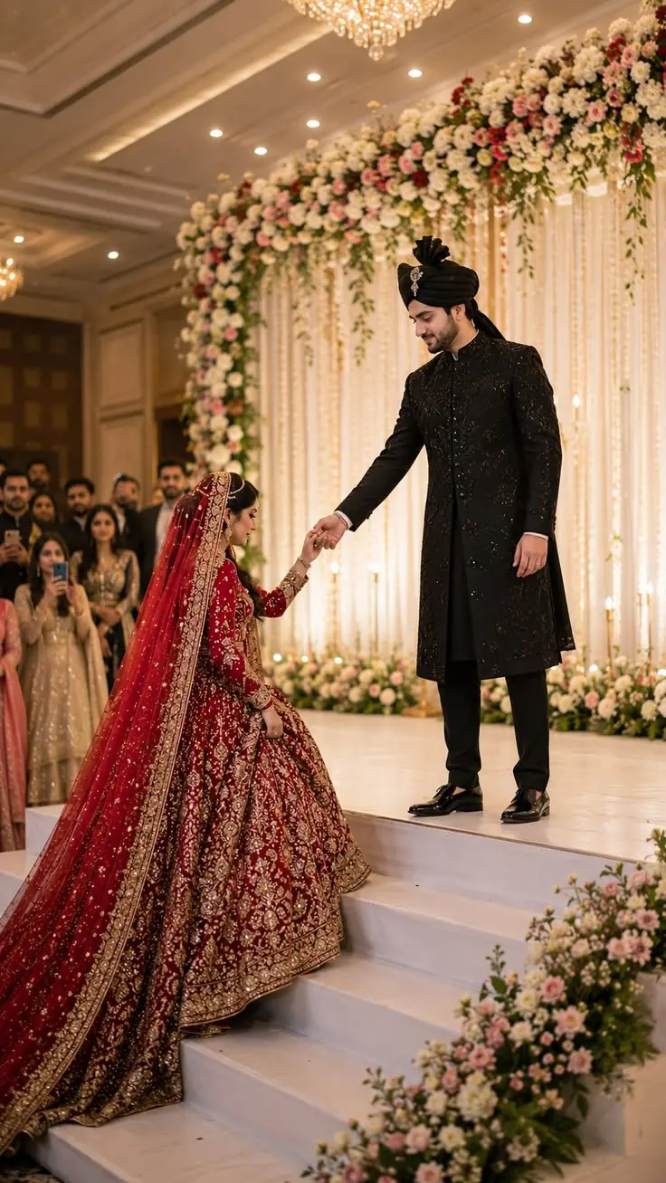 Groom in black sherwani holding the bride's hand on the wedding stage